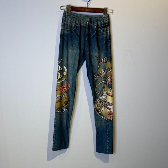 Blue Printed Jeggings with Swarovski Rhinestones - Picture 4 of 5